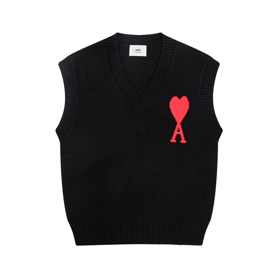 CYA59# Ami Alexander Mattiussi22 new autumn and winter style red love letter V-neck sleeveless sweater vest, same style for men and women. Color: black white gray rose red bright red sapphire blue gray black heart Size: S-XL