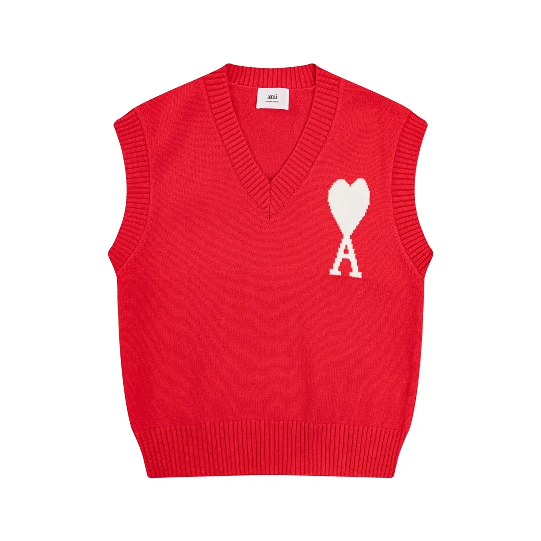 CYA59# Ami Alexander Mattiussi22 new autumn and winter style red love letter V-neck sleeveless sweater vest, same style for men and women. Color: black white gray rose red bright red sapphire blue gray black heart Size: S-XL