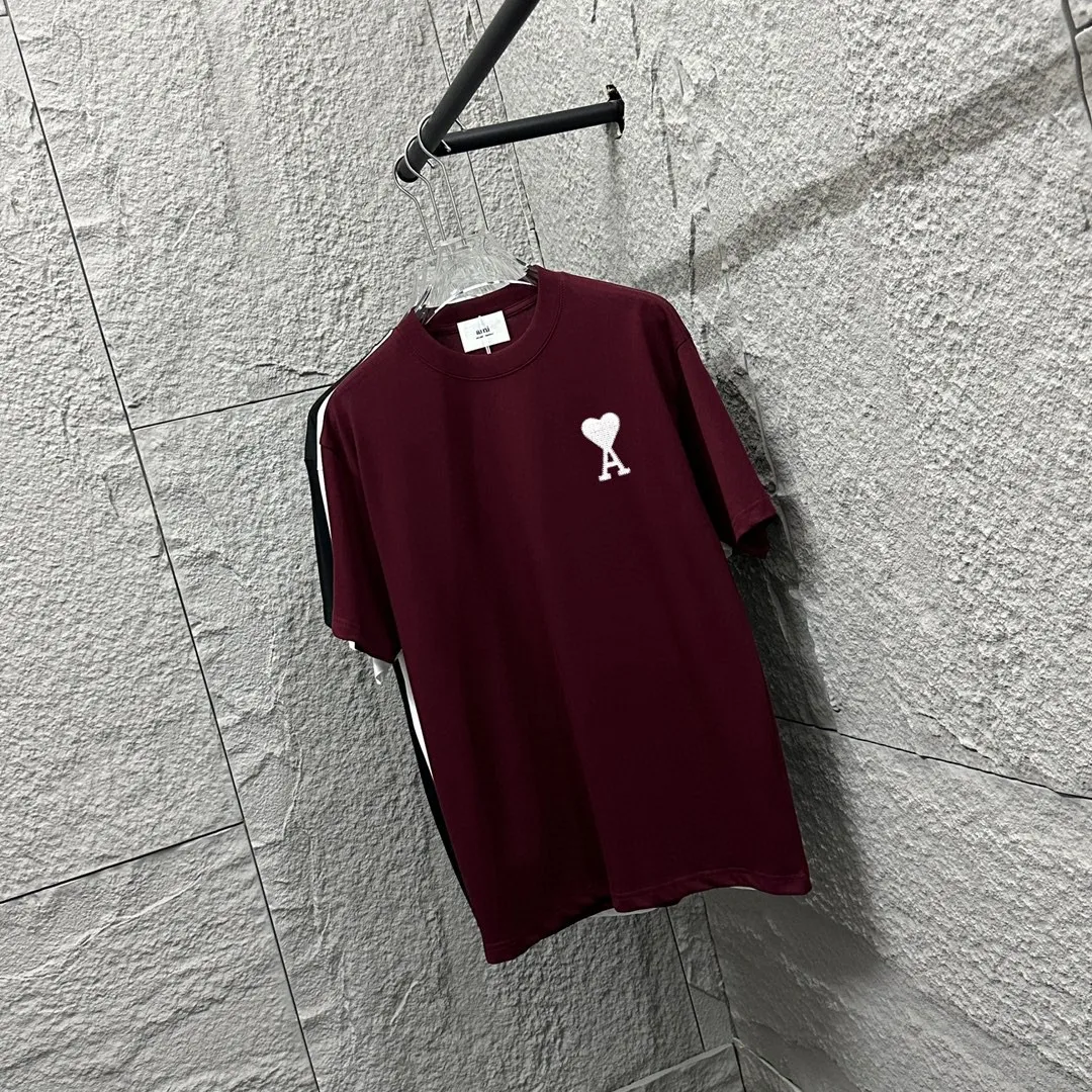 🅿️180 Ami* 2025 spring and summer new short-sleeved T-shirt, simple and classic embroidery with big love details, customized double yarn plain cotton fabric, same style for men and women. Color: black white Angora red Size: S (90-130 catties) M (120-150 catties) L (140-165 catties) XL (160-180 catties) XXL (180-210 pounds)