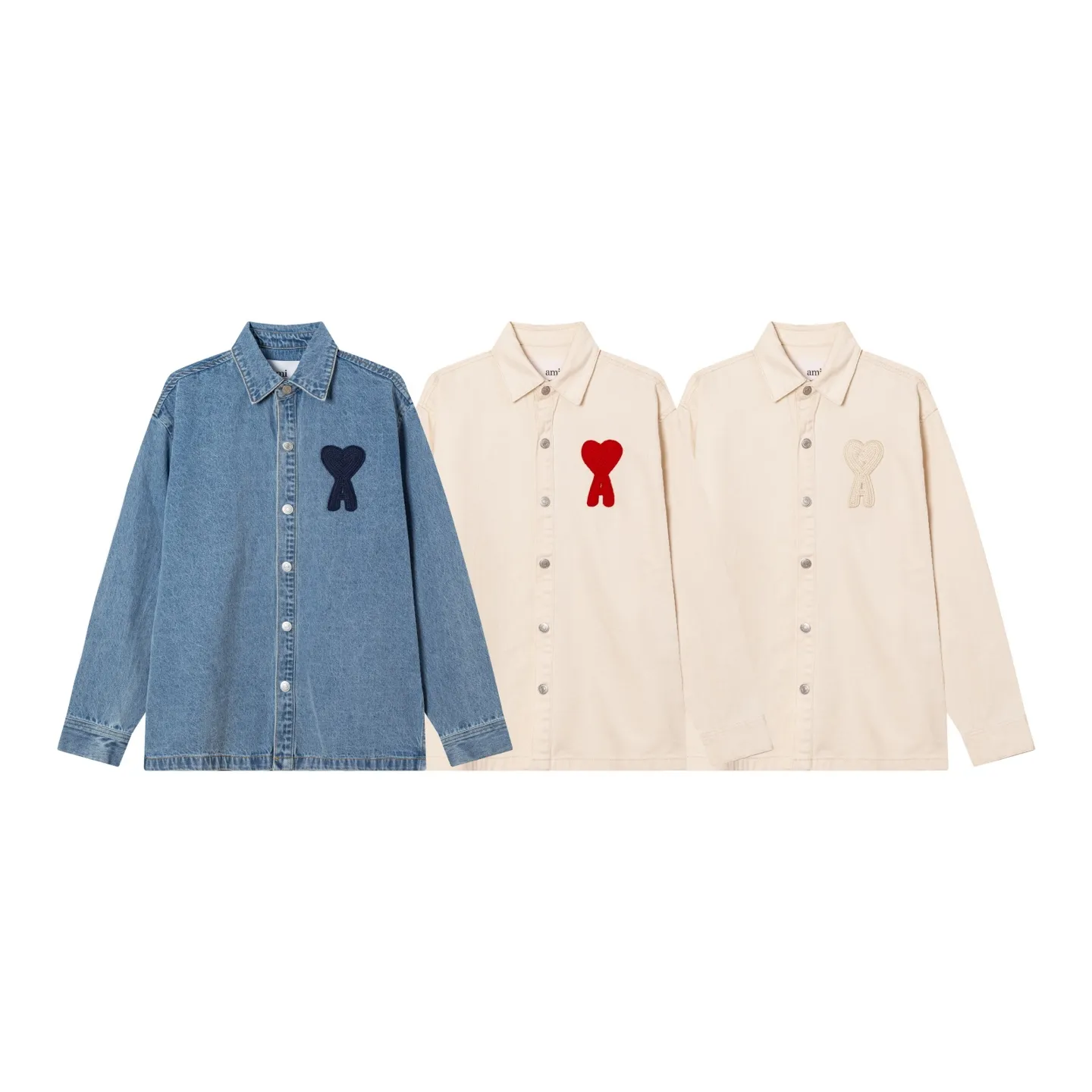 2288# AMI PARIS 25 new autumn and winter woven love embroidered long-sleeved denim loose casual lapel jacket, buttons decorated with LOGO YP replica, can be worn by men and women, dropped shoulder length, color: apricot, apricot red heart, denim basket size: S-XL