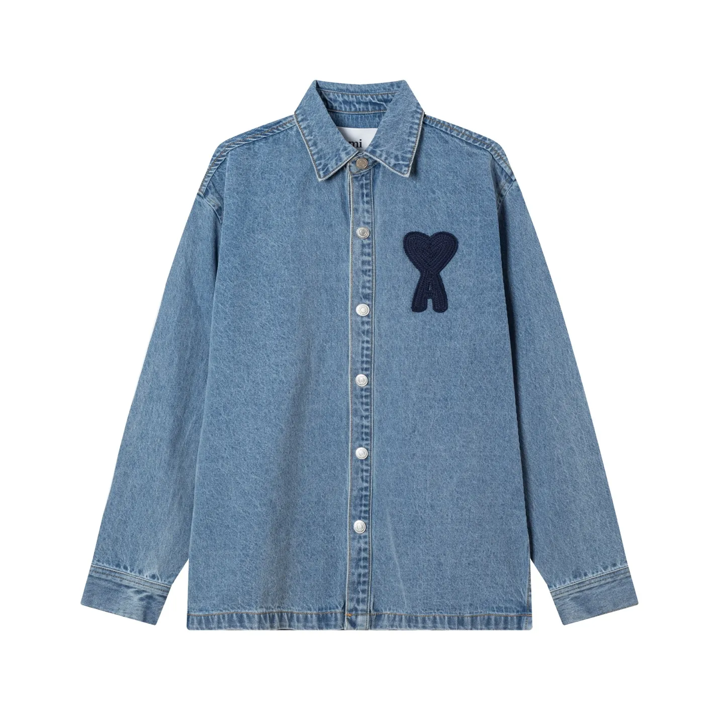 2288# AMI PARIS 25 new autumn and winter woven love embroidered long-sleeved denim loose casual lapel jacket, buttons decorated with LOGO YP replica, can be worn by men and women, dropped shoulder length, color: apricot, apricot red heart, denim basket size: S-XL