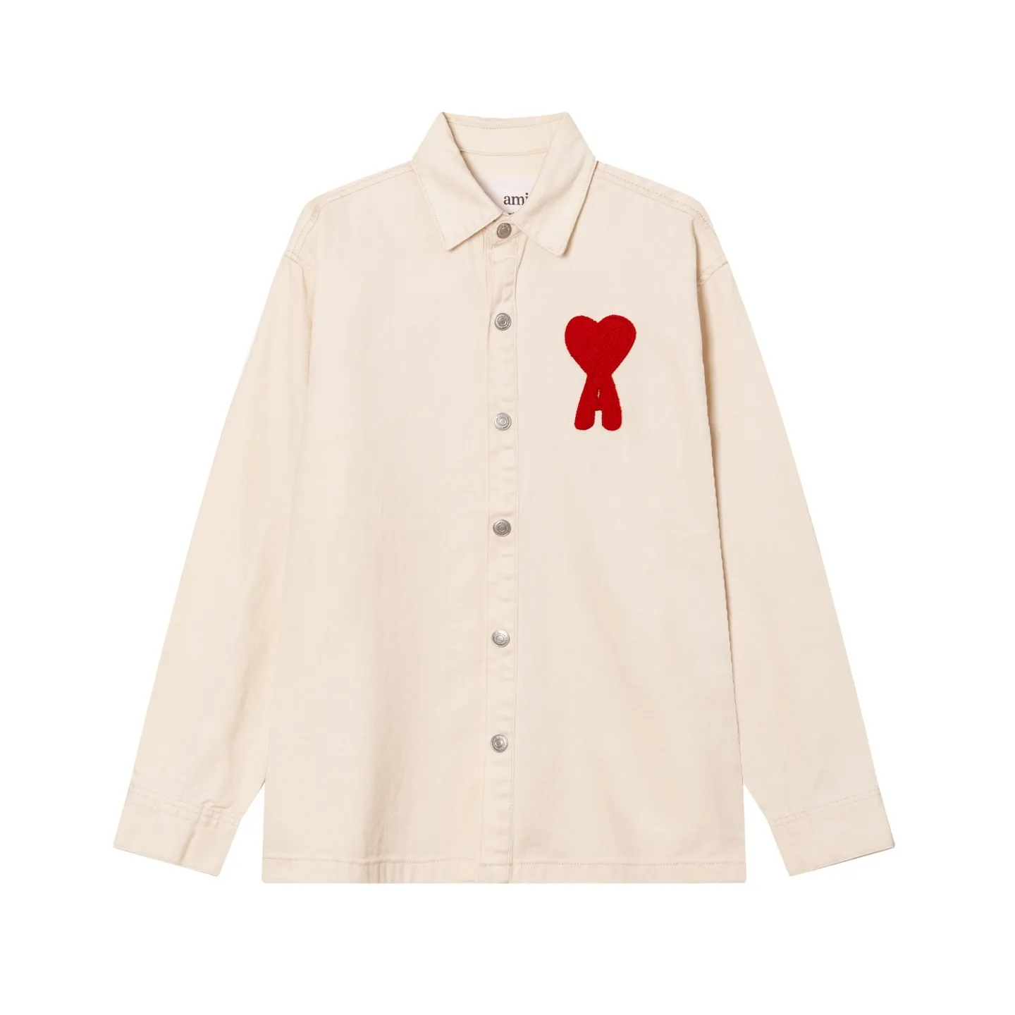 2288# AMI PARIS 25 new autumn and winter woven love embroidered long-sleeved denim loose casual lapel jacket, buttons decorated with LOGO YP replica, can be worn by men and women, dropped shoulder length, color: apricot, apricot red heart, denim basket size: S-XL