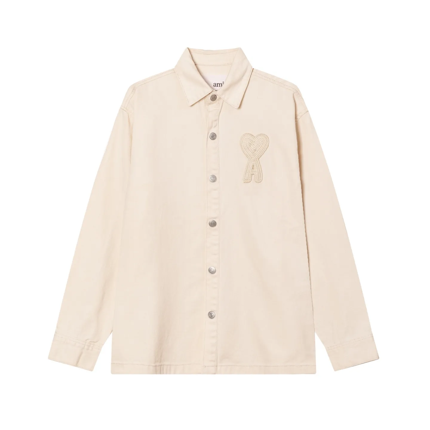 2288# AMI PARIS 25 new autumn and winter woven love embroidered long-sleeved denim loose casual lapel jacket, buttons decorated with LOGO YP replica, can be worn by men and women, dropped shoulder length, color: apricot, apricot red heart, denim basket size: S-XL