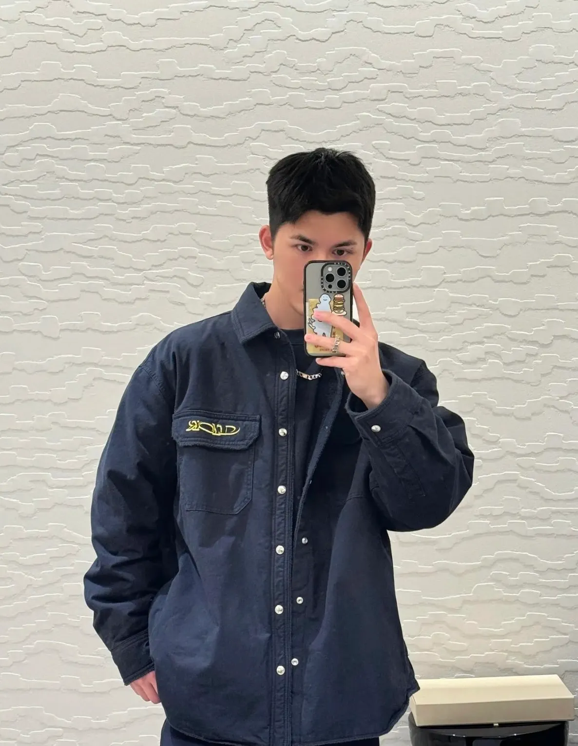 Model photo DIOR AND LEWIS HAMILTON navy blue cotton denim jacket shirt