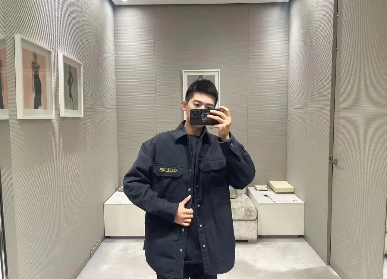 Model photo DIOR AND LEWIS HAMILTON navy blue cotton denim jacket shirt