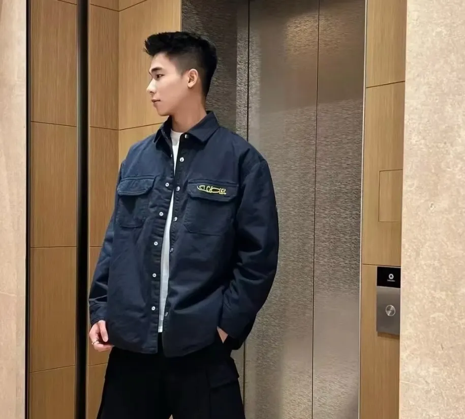 Model photo DIOR AND LEWIS HAMILTON navy blue cotton denim jacket shirt