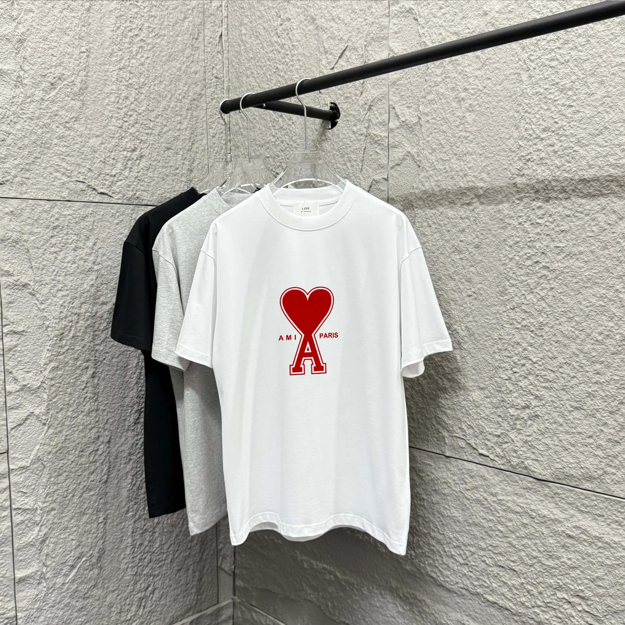 🅿️180 Ami* 2025 spring and summer new style Ami love letter red flocking Customized double yarn plain cotton fabric Short-sleeved T-shirt Uniform for men and women Color: black white floral gray Size: S (90-130 pounds) M (120-150 pounds) L (140-165 pounds) XL (160-180 pounds) XXL (180-210 pounds)