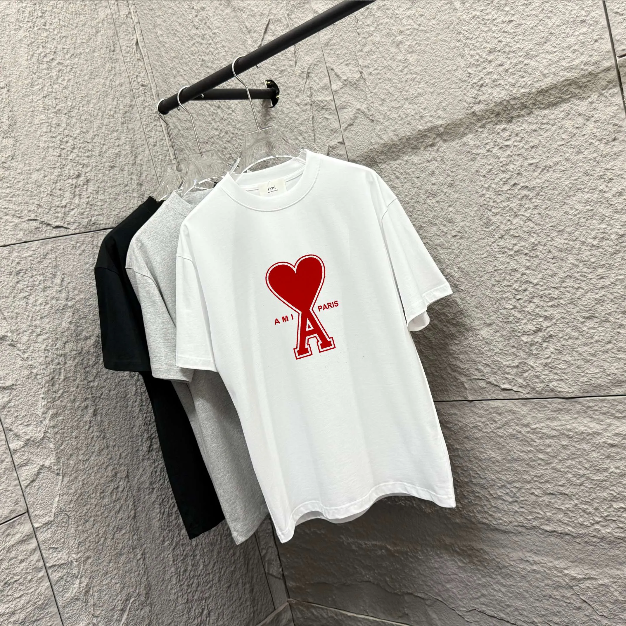 🅿️180 Ami* 2025 spring and summer new style Ami love letter red flocking Customized double yarn plain cotton fabric Short-sleeved T-shirt Uniform for men and women Color: black white floral gray Size: S (90-130 pounds) M (120-150 pounds) L (140-165 pounds) XL (160-180 pounds) XXL (180-210 pounds)