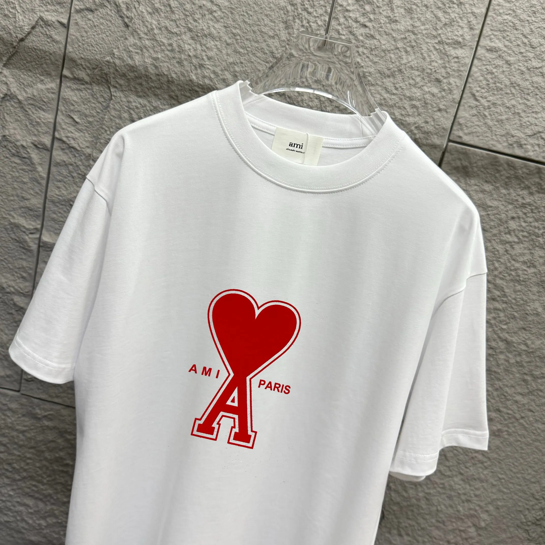 🅿️180 Ami* 2025 spring and summer new style Ami love letter red flocking Customized double yarn plain cotton fabric Short-sleeved T-shirt Uniform for men and women Color: black white floral gray Size: S (90-130 pounds) M (120-150 pounds) L (140-165 pounds) XL (160-180 pounds) XXL (180-210 pounds)