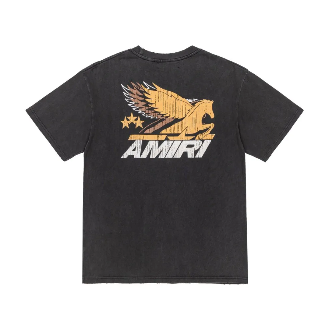8046#P170, AMIRI cracked logo printed, washed, frayed and fried, loose version of T-shirt, made of 300g heavy fabric, color: black, size: S M L XL