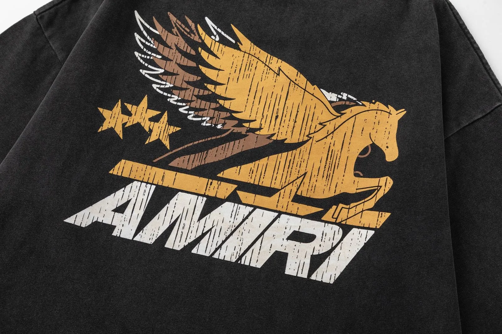 8046#P170, AMIRI cracked logo printed, washed, frayed and fried, loose version of T-shirt, made of 300g heavy fabric, color: black, size: S M L XL