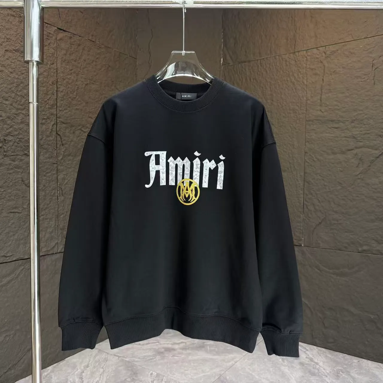 P210 AMIRI* 2025 autumn and winter new round neck sweatshirt 400g terry cotton letter logo three-dimensional thick plate glue ➕ metal diamond Color: Black White Gray Purple Size: S M L XL XXL