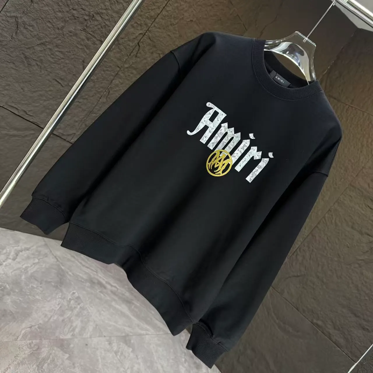 P210 AMIRI* 2025 autumn and winter new round neck sweatshirt 400g terry cotton letter logo three-dimensional thick plate glue ➕ metal diamond Color: Black White Gray Purple Size: S M L XL XXL