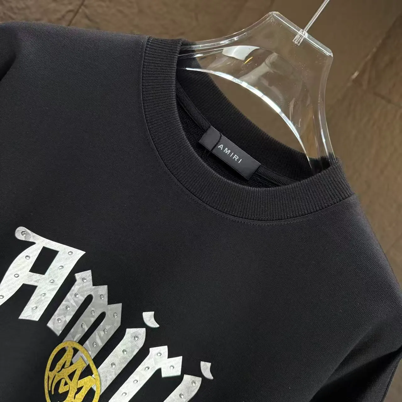 P210 AMIRI* 2025 autumn and winter new round neck sweatshirt 400g terry cotton letter logo three-dimensional thick plate glue ➕ metal diamond Color: Black White Gray Purple Size: S M L XL XXL
