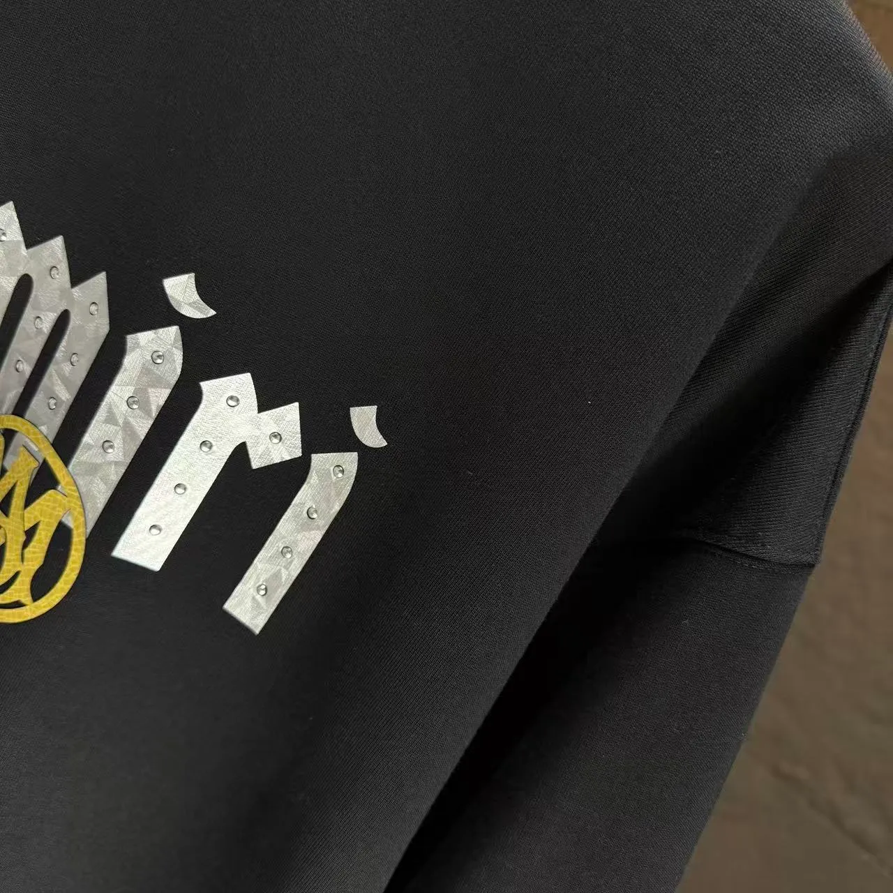 P210 AMIRI* 2025 autumn and winter new round neck sweatshirt 400g terry cotton letter logo three-dimensional thick plate glue ➕ metal diamond Color: Black White Gray Purple Size: S M L XL XXL