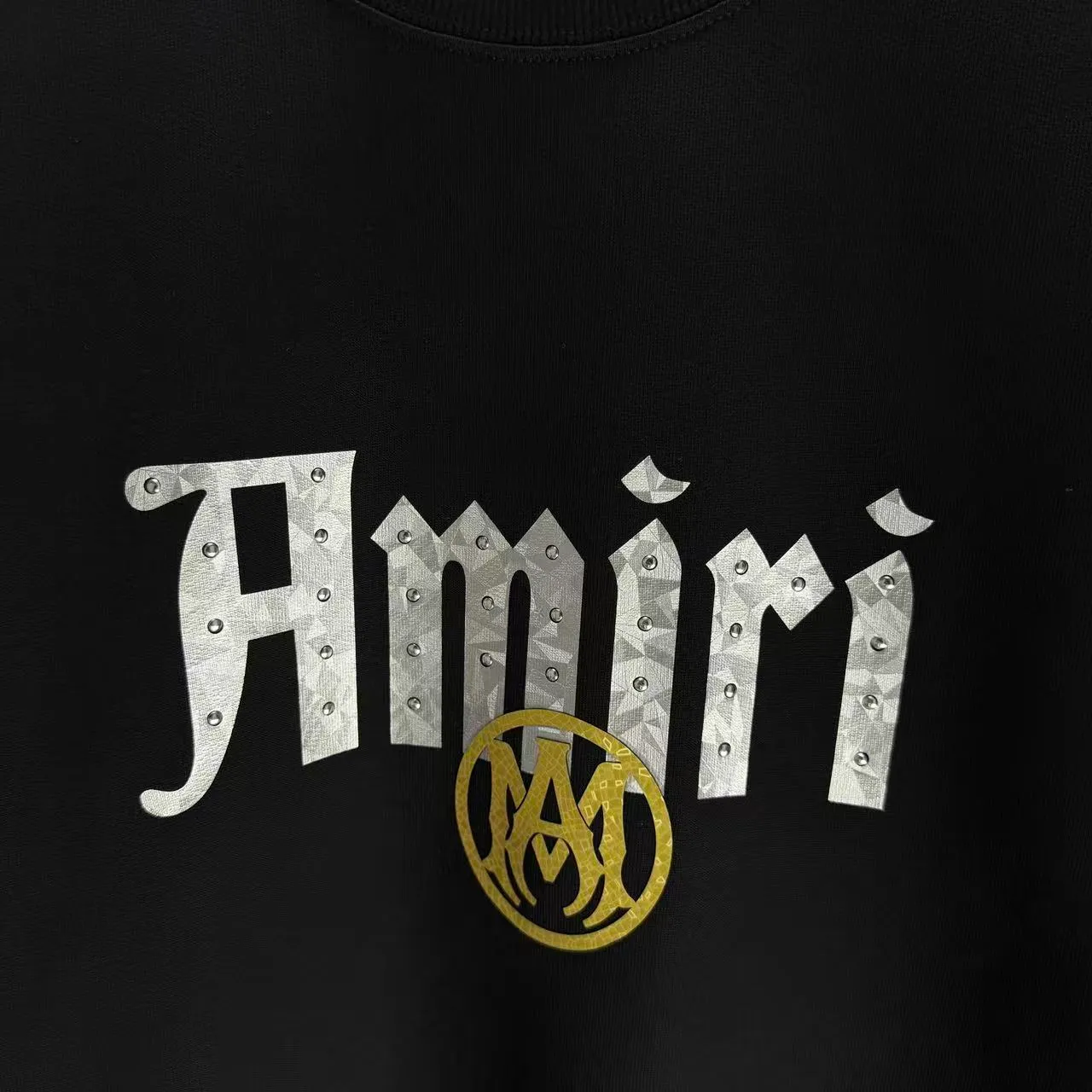 P210 AMIRI* 2025 autumn and winter new round neck sweatshirt 400g terry cotton letter logo three-dimensional thick plate glue ➕ metal diamond Color: Black White Gray Purple Size: S M L XL XXL