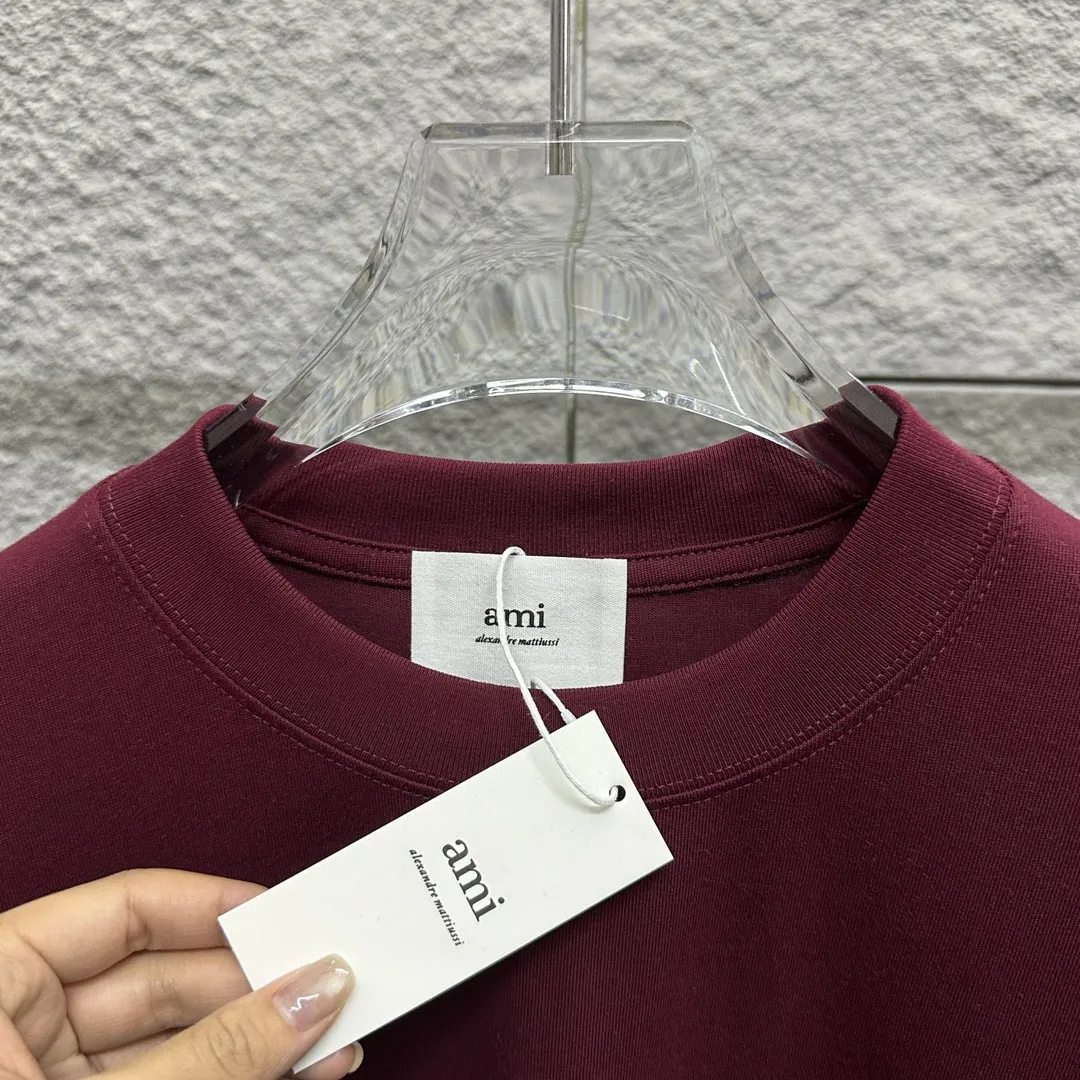 🅿️180 Ami* 2025 spring and summer new style Embroidered yellow love letters Customized double yarn plain cotton fabric Short-sleeved T-shirt Unisex Color: Black White Floral Gray Angora Red Size: S (90-130 catties) M (120-150 catties) L (140-165 catties) XL (160-180 catties) XXL (180-210 pounds)