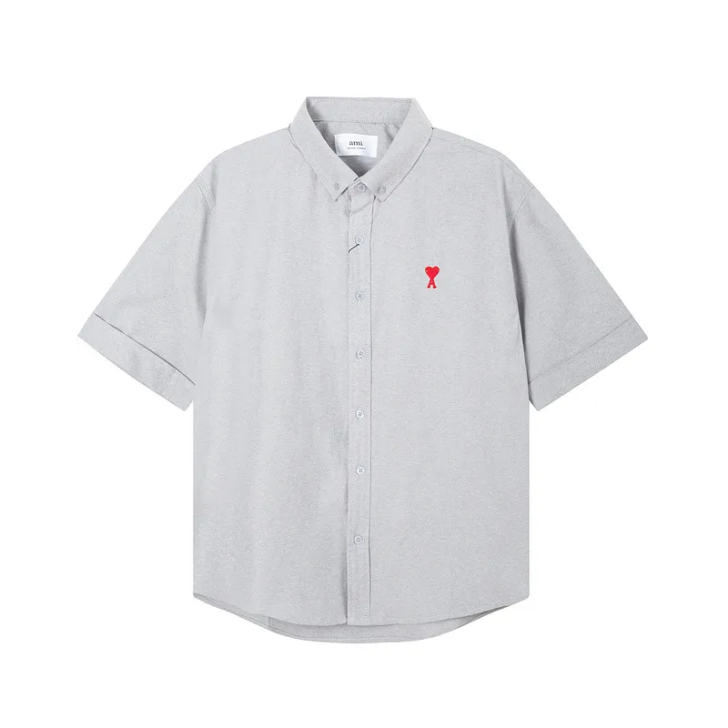 AMI Paris classic autumn red small heart embroidery on the chest, casual cotton solid color short-sleeved Oxford shirt, original custom-made 180g pure cotton fabric, loose off-shoulder version, same style for men and women. Color: brown, Baolan Tianlan, green, yellow, gray, white, pink, size: S-XL