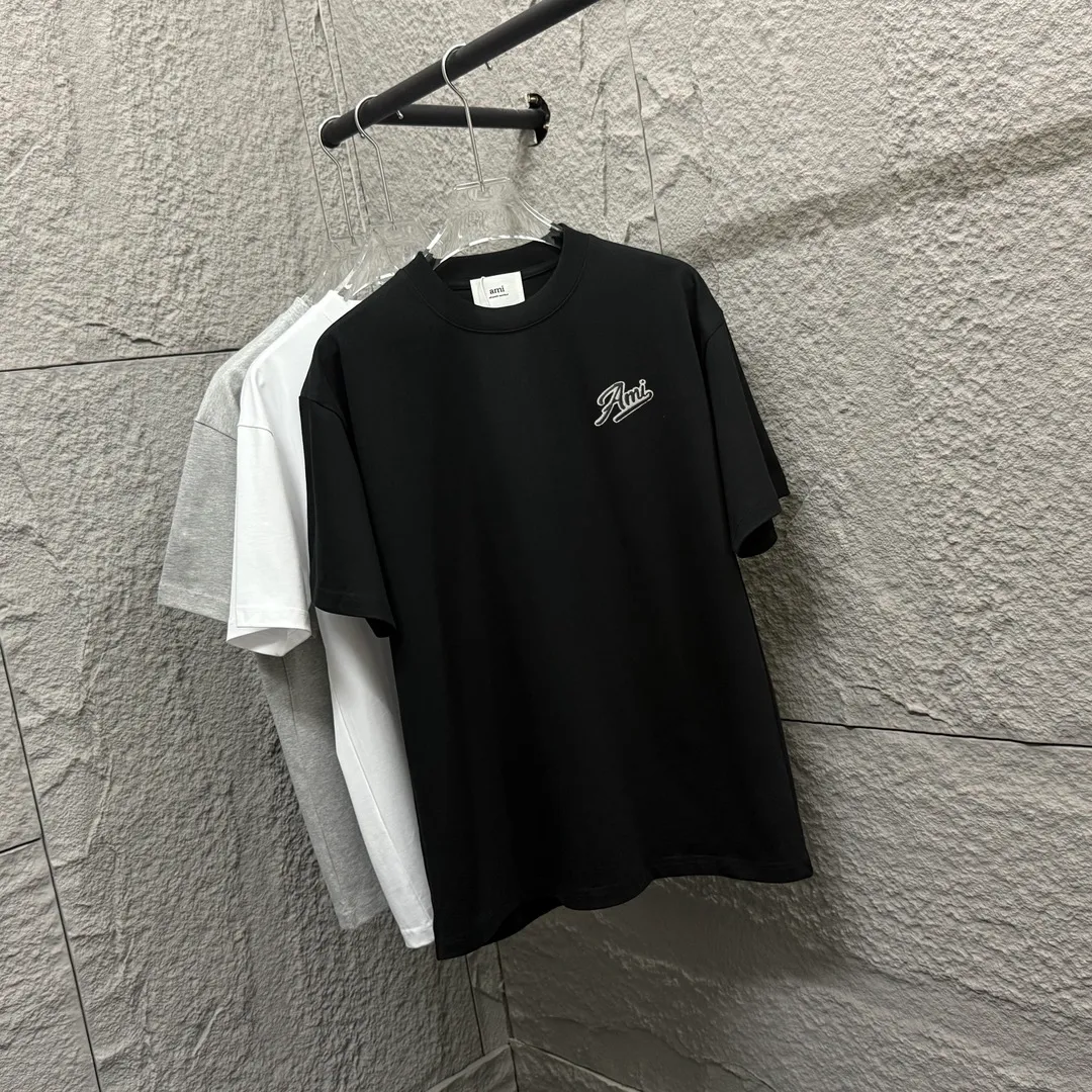 🅿️180 Ami* 2025 spring and summer new style Ami letter embroidery customized double yarn plain cotton fabric short-sleeved T-shirt for men and women Color: black white floral gray Size: S (90-130 pounds) M (120-150 pounds) L (140-165 pounds) XL (160-180 pounds) XXL (180-210 pounds)