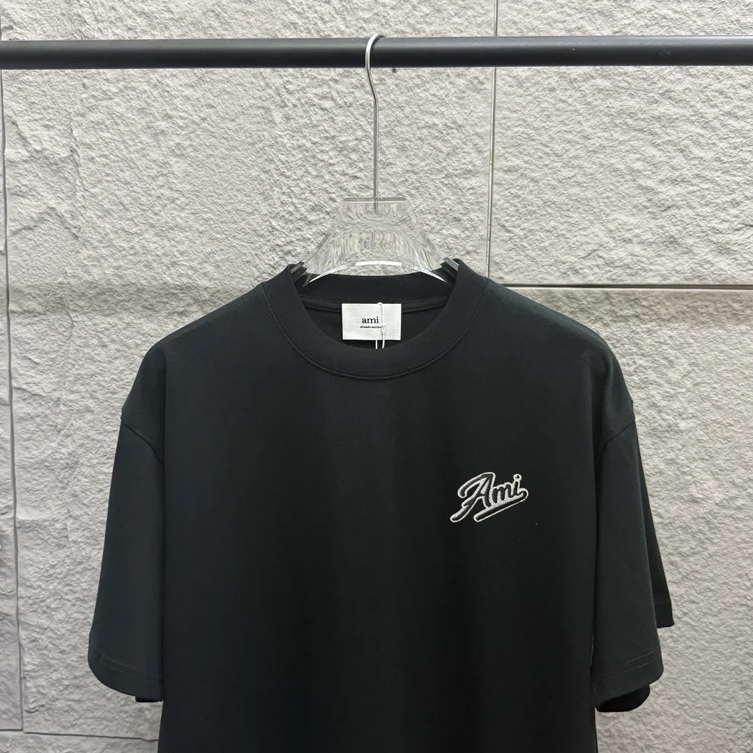 🅿️180 Ami* 2025 spring and summer new style Ami letter embroidery customized double yarn plain cotton fabric short-sleeved T-shirt for men and women Color: black white floral gray Size: S (90-130 pounds) M (120-150 pounds) L (140-165 pounds) XL (160-180 pounds) XXL (180-210 pounds)