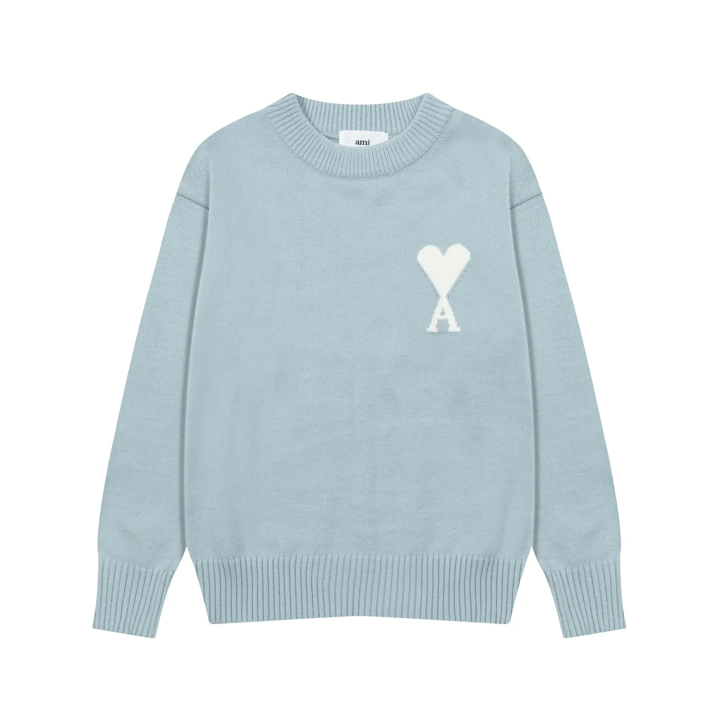 8203# Ami Paris2025 [New product for autumn and winter] White love jacquard ADC alpaca blended loose sweater round neck pullover sweater, same style for men and women, Oversize version Color: Brown Blue Light Gray Light Yellow Light Pink Size: S-XL