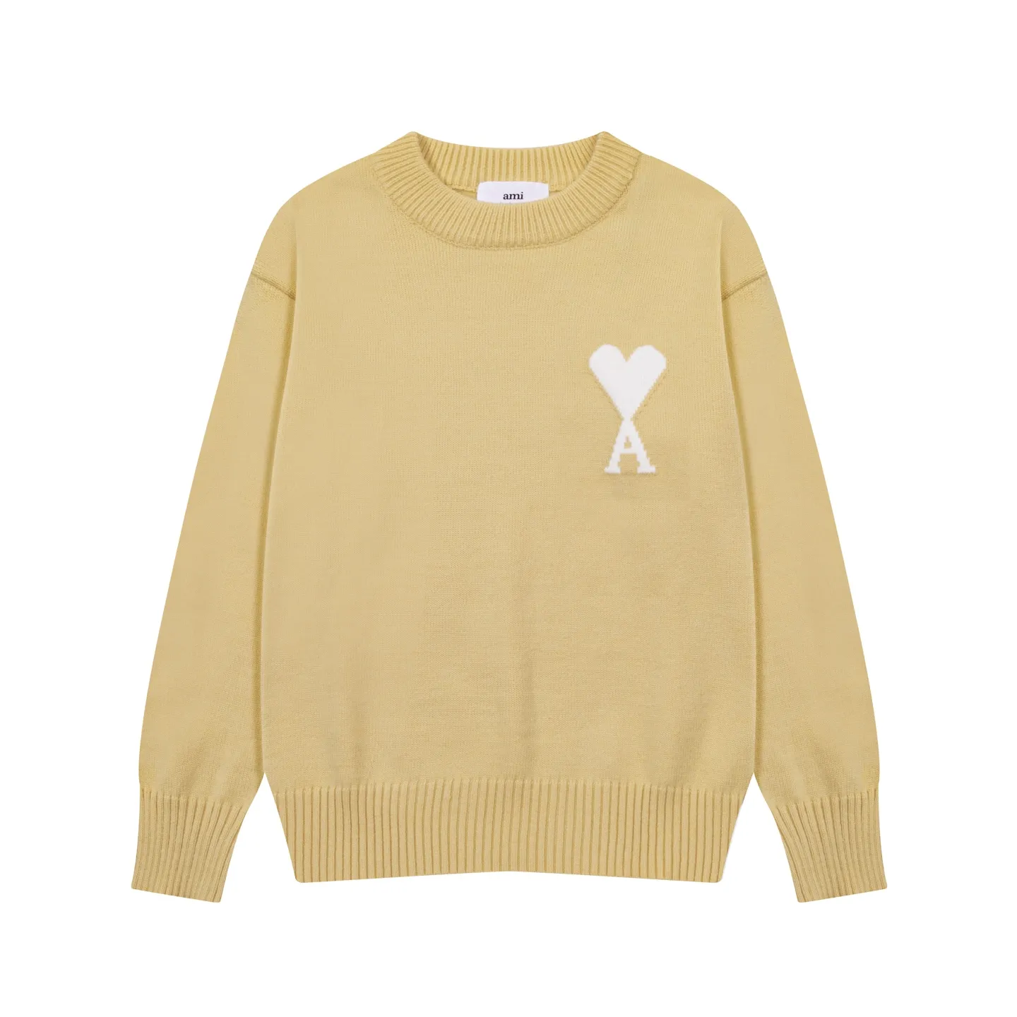 8203# Ami Paris2025 [New product for autumn and winter] White love jacquard ADC alpaca blended loose sweater round neck pullover sweater, same style for men and women, Oversize version Color: Brown Blue Light Gray Light Yellow Light Pink Size: S-XL