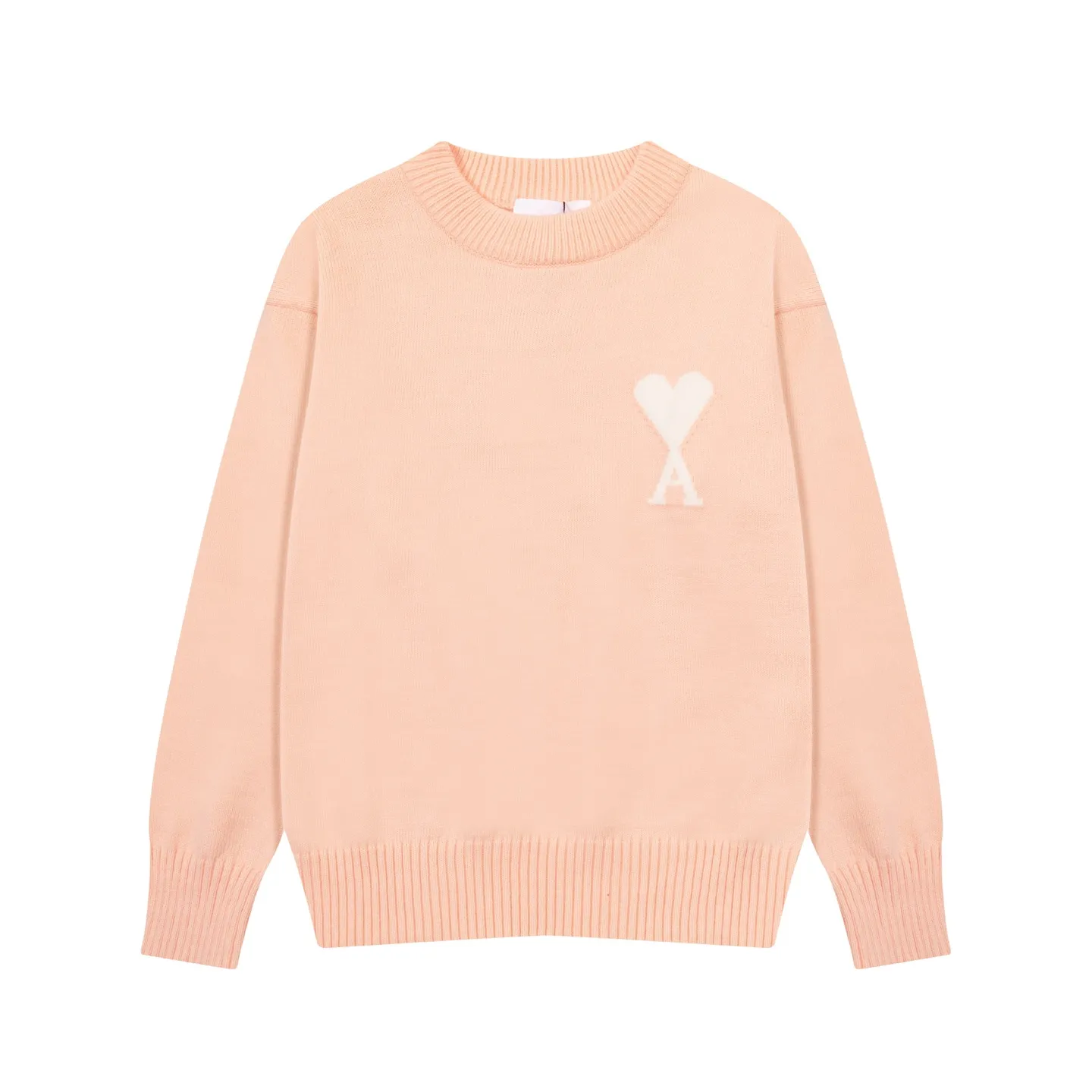 8203# Ami Paris2025 [New product for autumn and winter] White love jacquard ADC alpaca blended loose sweater round neck pullover sweater, same style for men and women, Oversize version Color: Brown Blue Light Gray Light Yellow Light Pink Size: S-XL