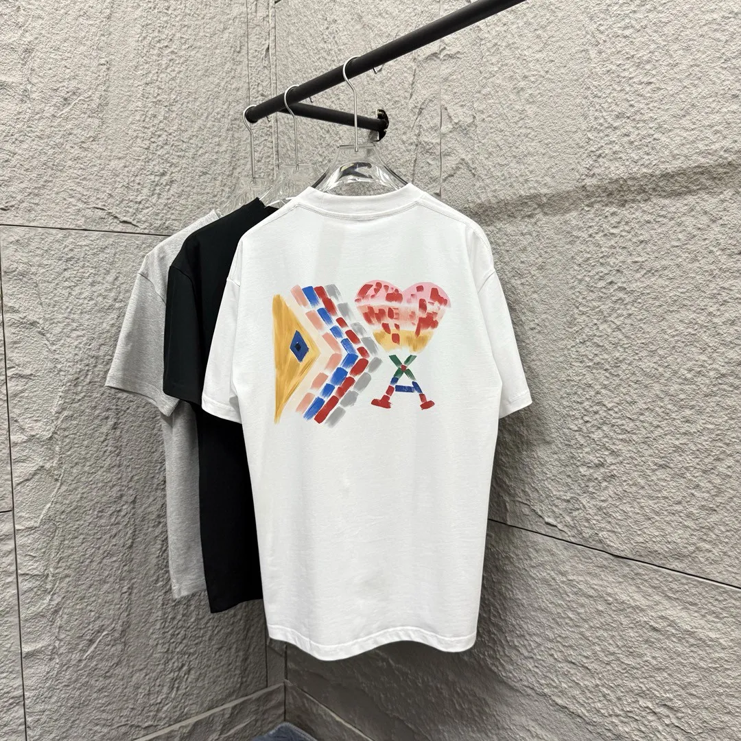 🅿️180 Ami* 2025 spring and summer new Ami rainbow love print Customized double yarn plain cotton fabric Short-sleeved T-shirt Unisex Color: Black White Floral Gray Angora Red Size: S (90-130 catties) M (120-150 catties) L (140-165 catties) XL (160-180 catties) XXL (180-210 pounds)