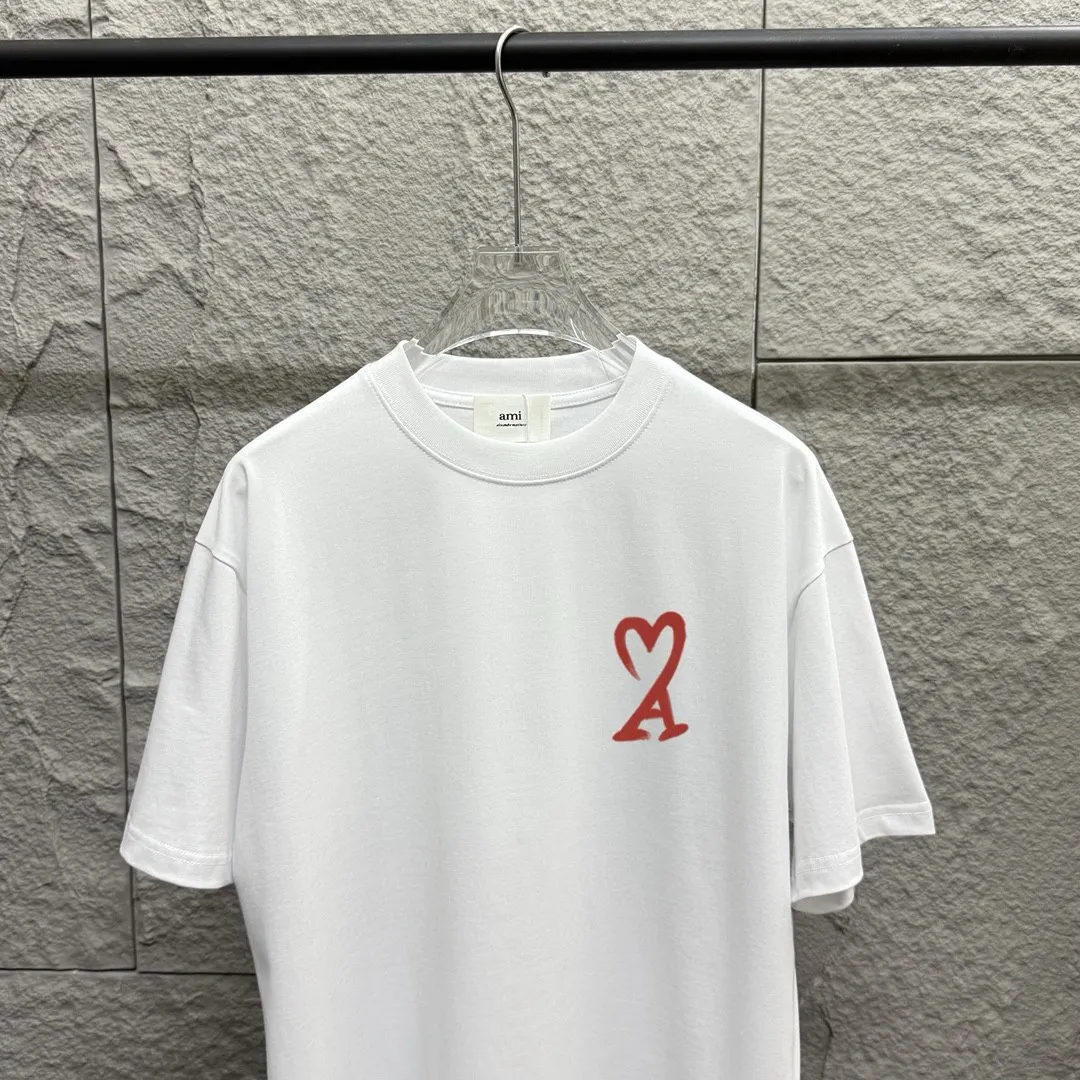 🅿️180 Ami* 2025 spring and summer new Ami rainbow love print Customized double yarn plain cotton fabric Short-sleeved T-shirt Unisex Color: Black White Floral Gray Angora Red Size: S (90-130 catties) M (120-150 catties) L (140-165 catties) XL (160-180 catties) XXL (180-210 pounds)