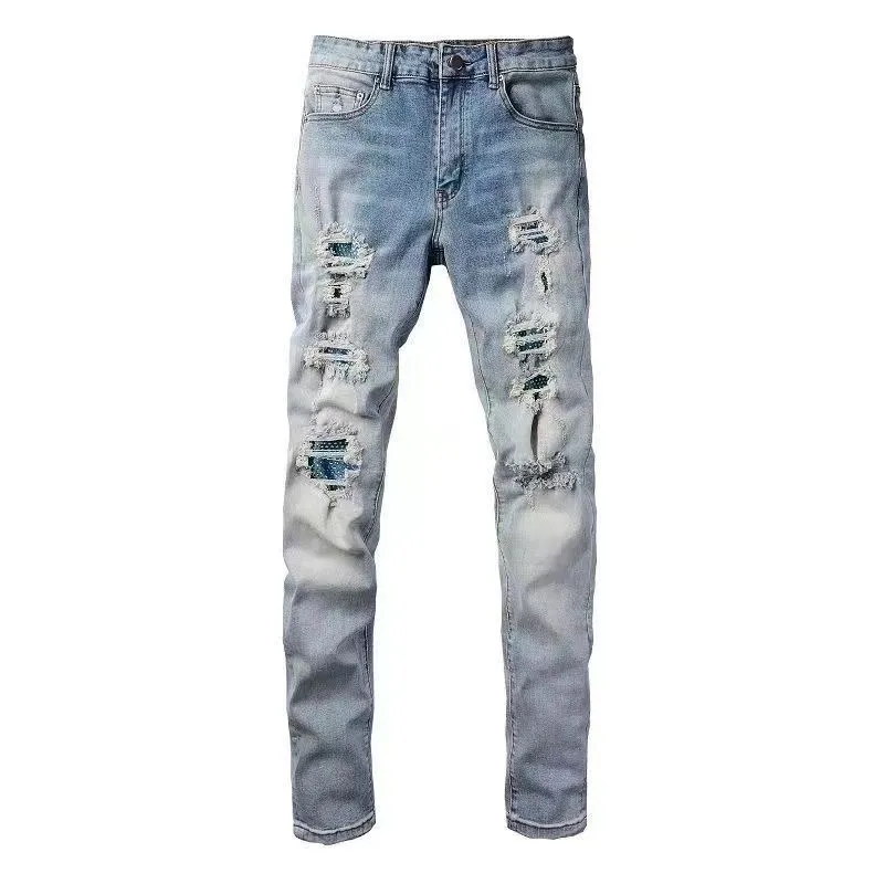 P168 💰 AMIRI patch embroidery jeans trousers AMIRI high street basic ripped tight elastic jeans trousers amiri brand jeans break the production process and cutting of the original jeans, the fabrics are softer and more comfortable Hand-sewn collar label Customized logo buttons Genuine leather tag Color: Picture color Size: 30-32-34-36