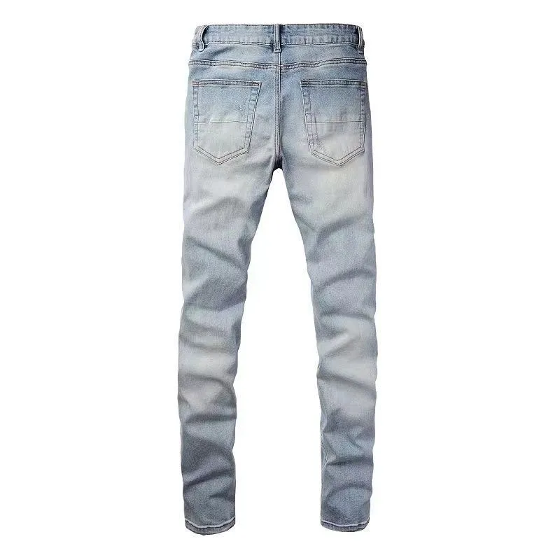 P168 💰 AMIRI patch embroidery jeans trousers AMIRI high street basic ripped tight elastic jeans trousers amiri brand jeans break the production process and cutting of the original jeans, the fabrics are softer and more comfortable Hand-sewn collar label Customized logo buttons Genuine leather tag Color: Picture color Size: 30-32-34-36