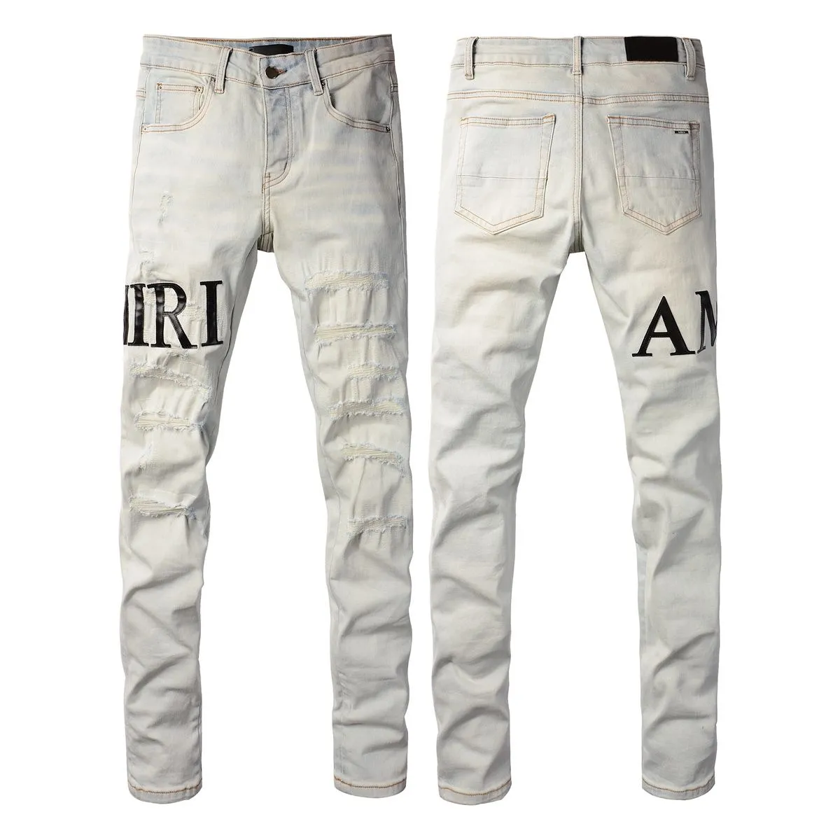 P168 💰 AMIRI patch embroidery jeans trousers AMIRI high street basic ripped tight elastic jeans trousers amiri brand jeans break the production process and cutting of the original jeans, the fabrics are softer and more comfortable Hand-sewn collar label Customized logo buttons Genuine leather tag Color: Picture color Size: 30-32-34-36