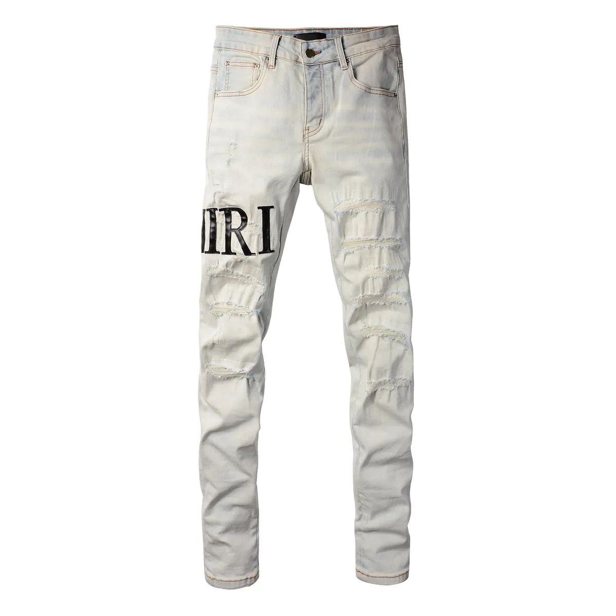P168 💰 AMIRI patch embroidery jeans trousers AMIRI high street basic ripped tight elastic jeans trousers amiri brand jeans break the production process and cutting of the original jeans, the fabrics are softer and more comfortable Hand-sewn collar label Customized logo buttons Genuine leather tag Color: Picture color Size: 30-32-34-36