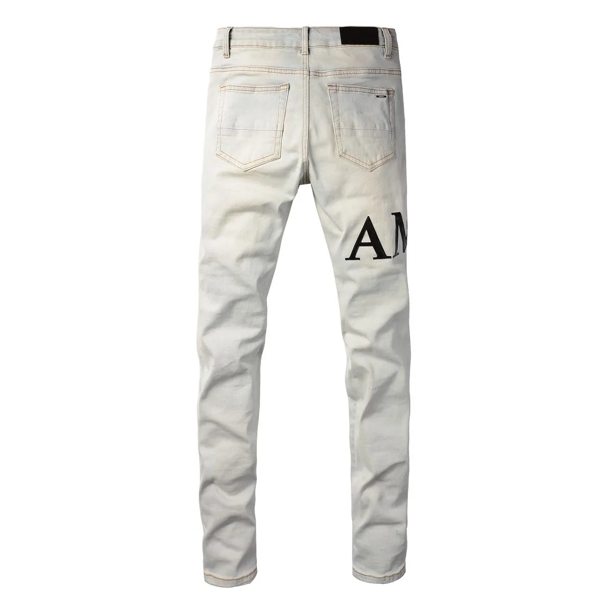 P168 💰 AMIRI patch embroidery jeans trousers AMIRI high street basic ripped tight elastic jeans trousers amiri brand jeans break the production process and cutting of the original jeans, the fabrics are softer and more comfortable Hand-sewn collar label Customized logo buttons Genuine leather tag Color: Picture color Size: 30-32-34-36