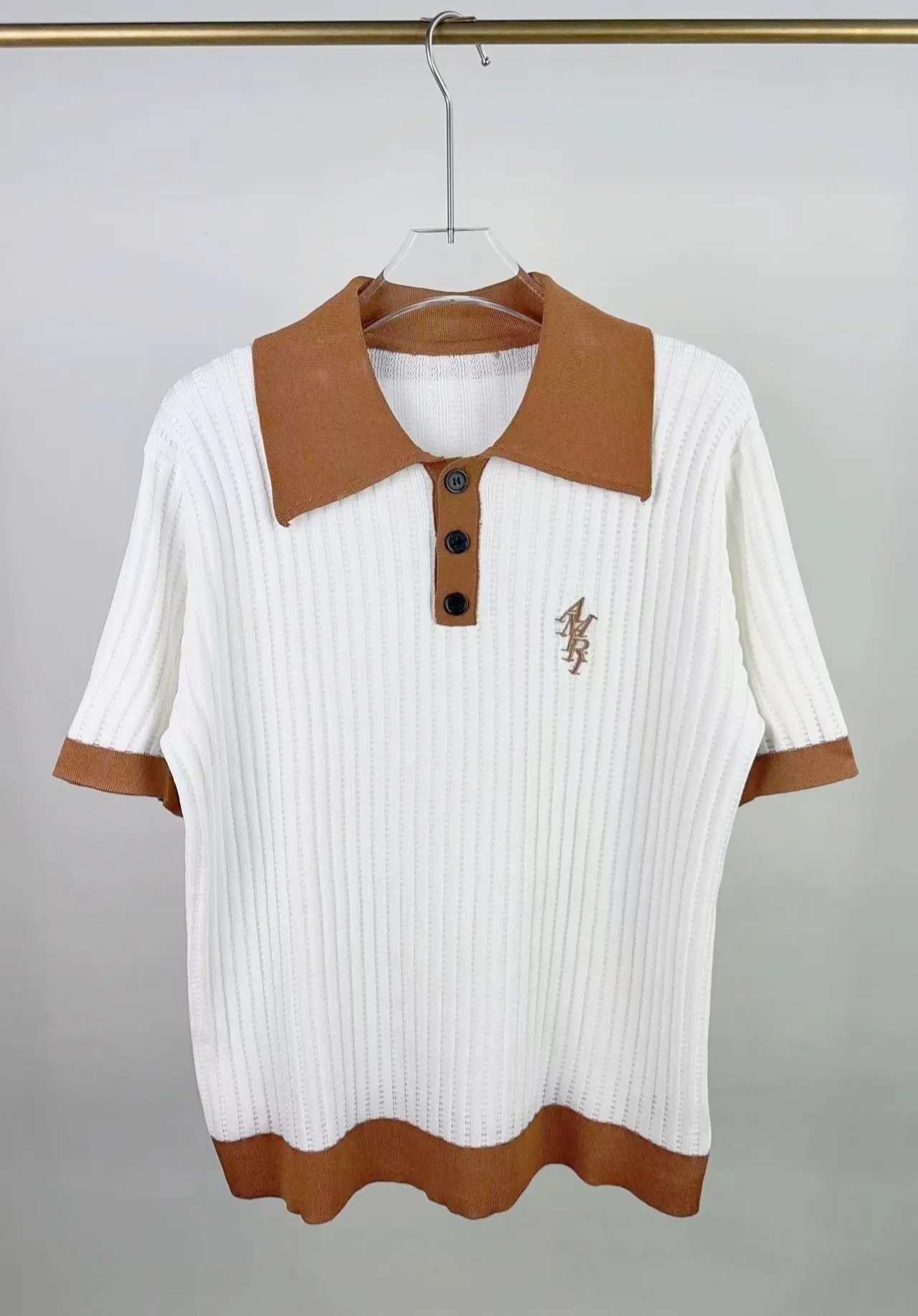 P210 🎉AMIRI new sweater short-sleeved POLO shirt, thin and breathable, embroidery on the chest, color: white black orange number: S M L XL XXL