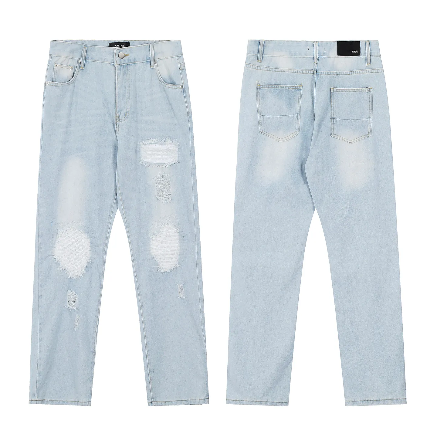 #M47 P168💰 AMIRI patch embroidery jeans trousers AMIRI high street basic ripped tight elastic jeans trousers amiri brand jeans break the production process and cutting of the original jeans, the fabrics are softer and more comfortable Hand-sewn collar label Customized logo buttons Genuine leather tag Color: Picture color Size: 30-32-34-36