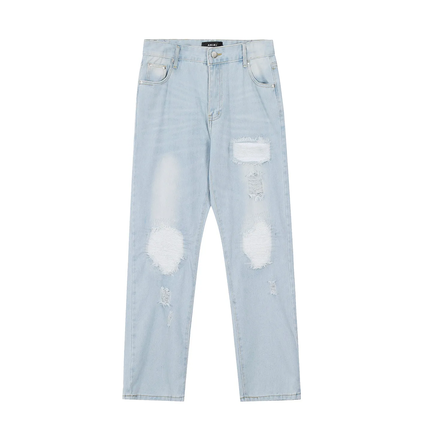 #M47 P168💰 AMIRI patch embroidery jeans trousers AMIRI high street basic ripped tight elastic jeans trousers amiri brand jeans break the production process and cutting of the original jeans, the fabrics are softer and more comfortable Hand-sewn collar label Customized logo buttons Genuine leather tag Color: Picture color Size: 30-32-34-36