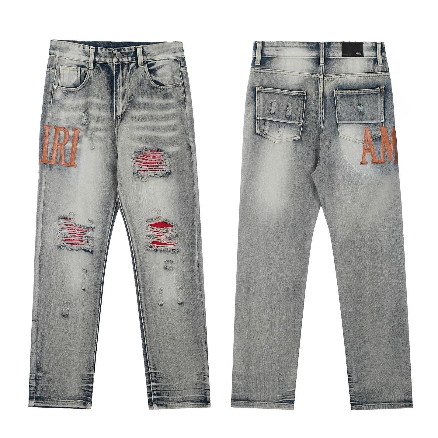 #M32 P168💰 Amiri classic embroidered leather ripped letter jeans slim fit jeans. Produced by a major washed factory. Full of high-end. Partial destruction of the knees and patchwork design. Already used as a facade design. Leather waist nameplate. The focus of this style is not on the washing, but on the destroyed shape and version. The secret lies in the craftsmanship of the master. The cost of post-processing, grinding, cutting, etc. is far beyond the cost of assembly line products. Color: Picture color Size: 30-32-34-36