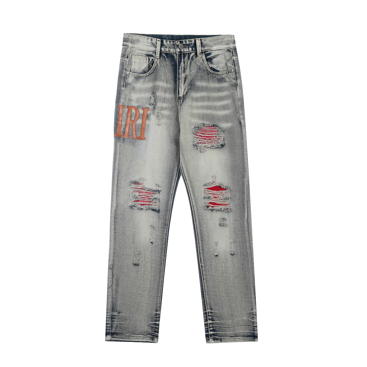 #M32 P168💰 Amiri classic embroidered leather ripped letter jeans slim fit jeans. Produced by a major washed factory. Full of high-end. Partial destruction of the knees and patchwork design. Already used as a facade design. Leather waist nameplate. The focus of this style is not on the washing, but on the destroyed shape and version. The secret lies in the craftsmanship of the master. The cost of post-processing, grinding, cutting, etc. is far beyond the cost of assembly line products. Color: Picture color Size: 30-32-34-36