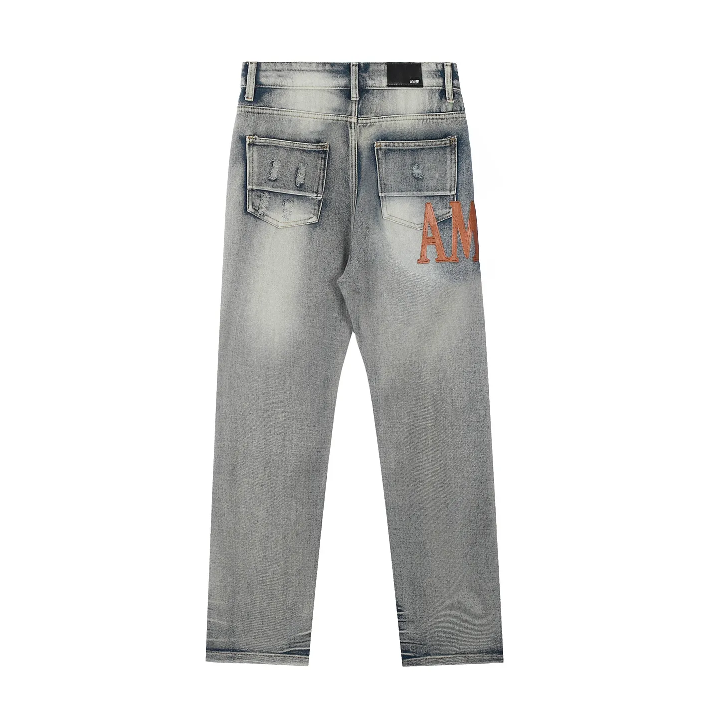 #M32 P168💰 Amiri classic embroidered leather ripped letter jeans slim fit jeans. Produced by a major washed factory. Full of high-end. Partial destruction of the knees and patchwork design. Already used as a facade design. Leather waist nameplate. The focus of this style is not on the washing, but on the destroyed shape and version. The secret lies in the craftsmanship of the master. The cost of post-processing, grinding, cutting, etc. is far beyond the cost of assembly line products. Color: Picture color Size: 30-32-34-36