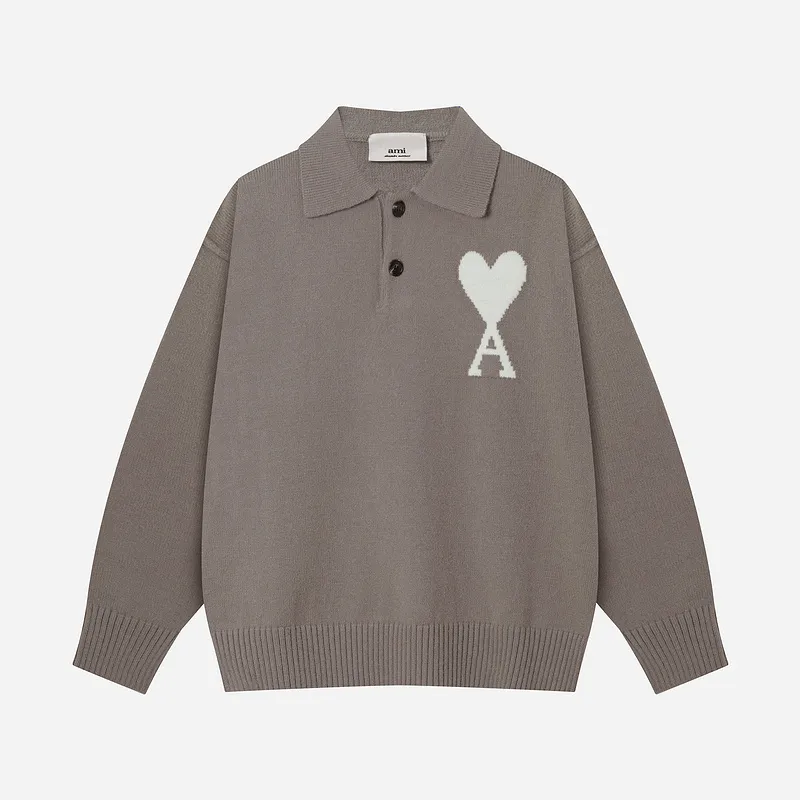 Ami Paris2025 early spring new product big love ADC jacquard wool patchwork reverse sleeve technology Ami De Coeur polo collar pullover sweater same style for men and women Oversize version Color: light gray lilac Size: S-XL