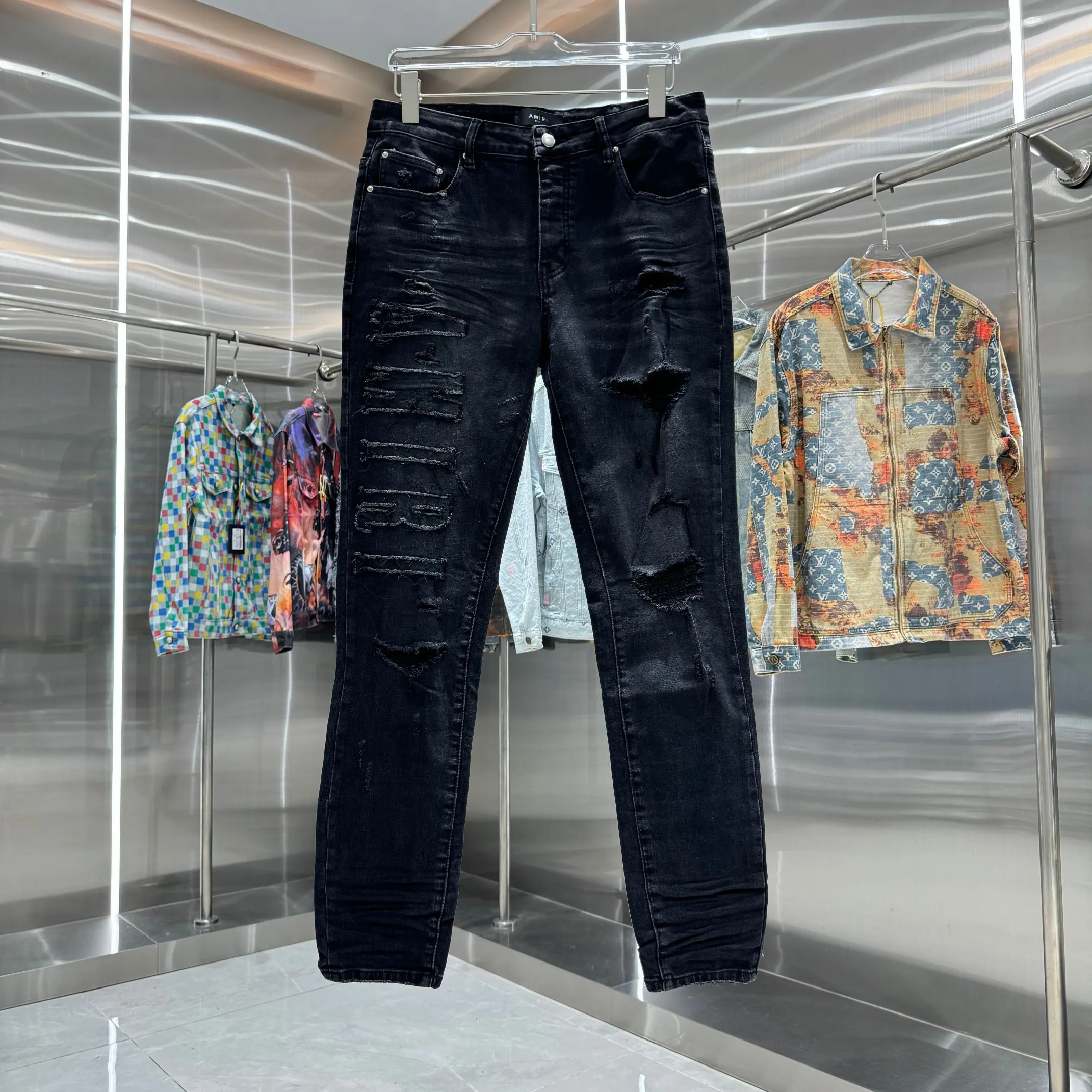 P290 Amiri ripped craft street fashion slim fit stretch jeans Color Black Size 30 32 34 36 38