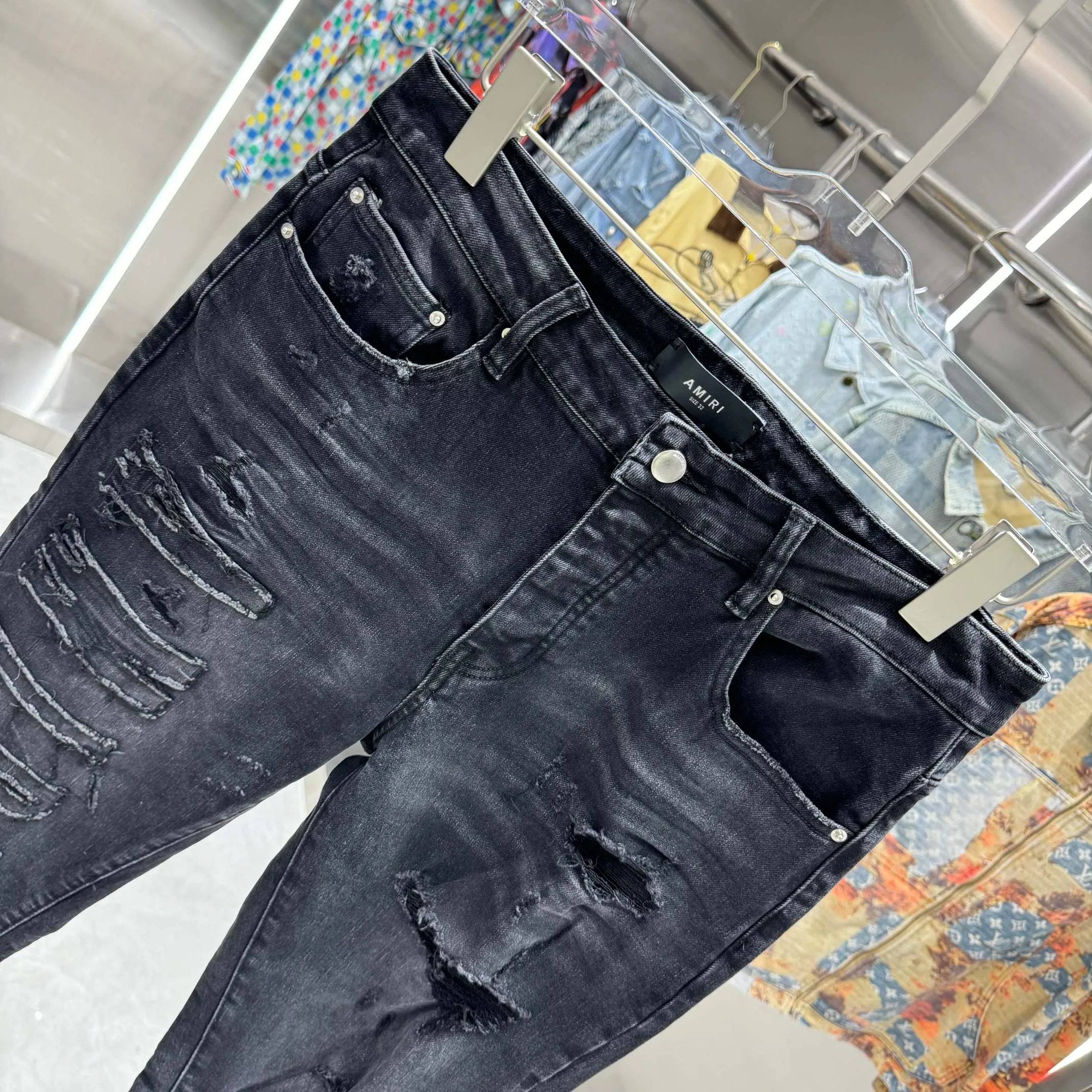 P290 Amiri ripped craft street fashion slim fit stretch jeans Color Black Size 30 32 34 36 38