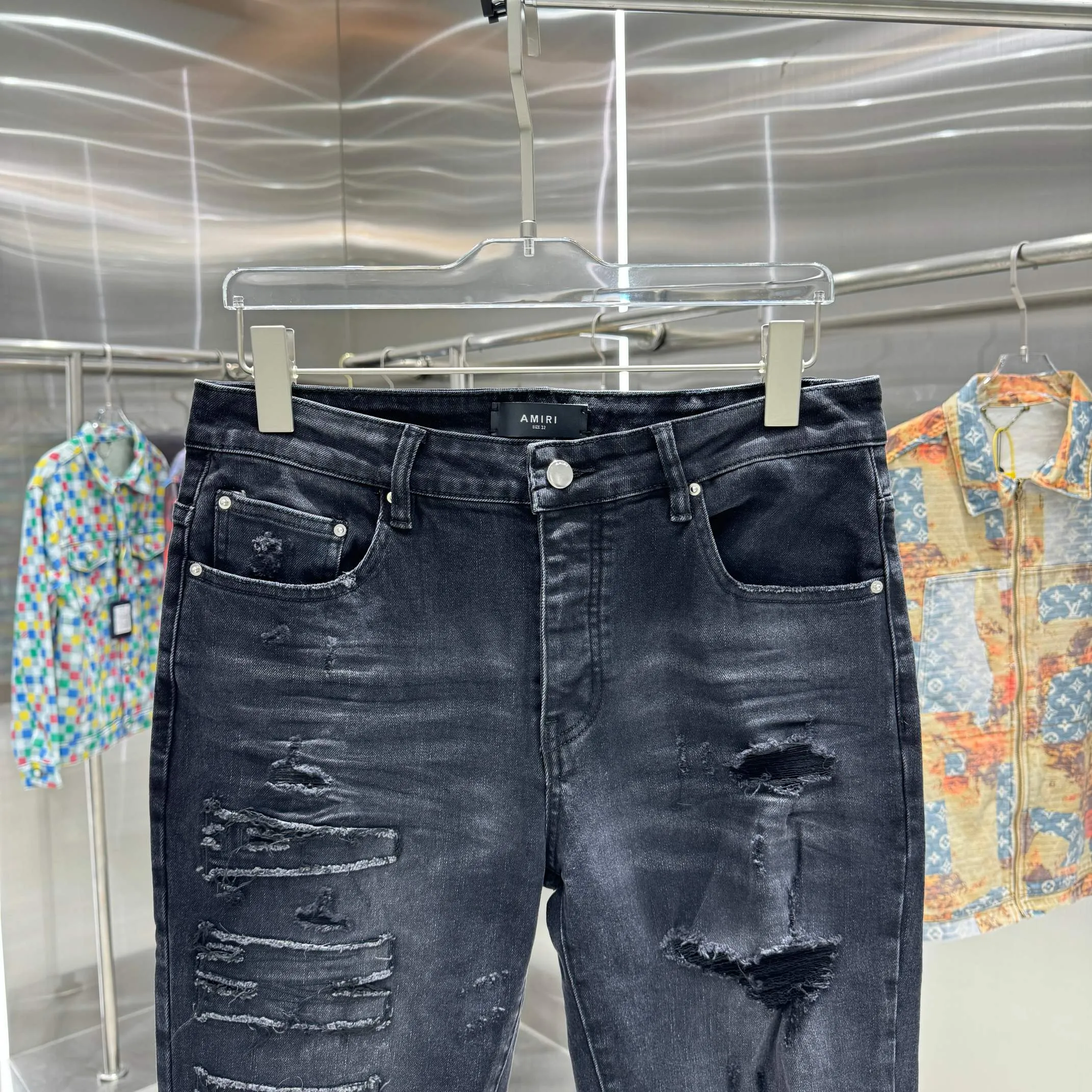 P290 Amiri ripped craft street fashion slim fit stretch jeans Color Black Size 30 32 34 36 38