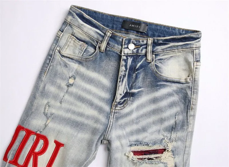 #M07 P168💰 AMIRI patch embroidery jeans trousers AMIRI high street basic ripped tight elastic jeans trousers amiri brand jeans break the production process and cutting of the original jeans, the fabrics are softer and more comfortable Hand-sewn collar label Customized logo buttons Genuine leather tag Color: Picture color Size: 30-32-34-36