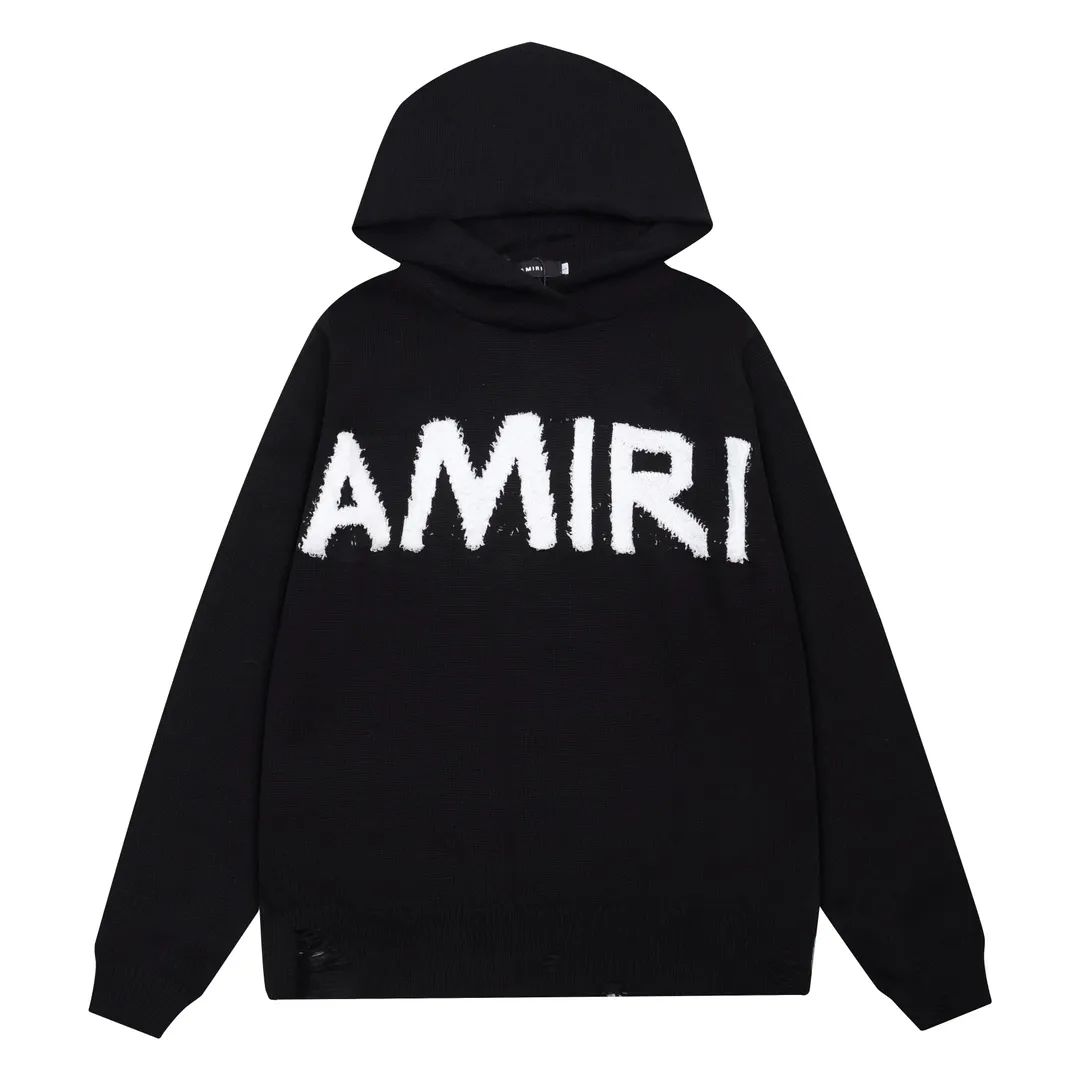 P300 AMIRI New Letter Logo Jacquard Tassel Destroyed Hole Hooded Sweater Color: White Black Size: S M L XL XXL