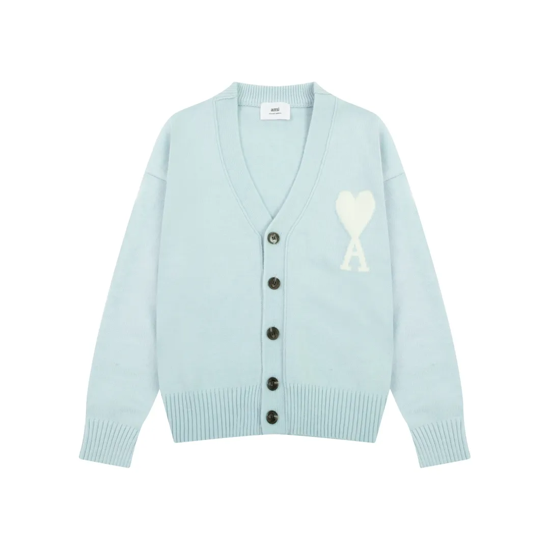 A8129# AMI Paris 2023 new autumn and winter big love alpaca blended soft and waxy knitted cardigan cloud sweater jacket Oversize version for men and women Color: blue yellow pink purple gray apricot mustard yellow off-white Size: S-XL