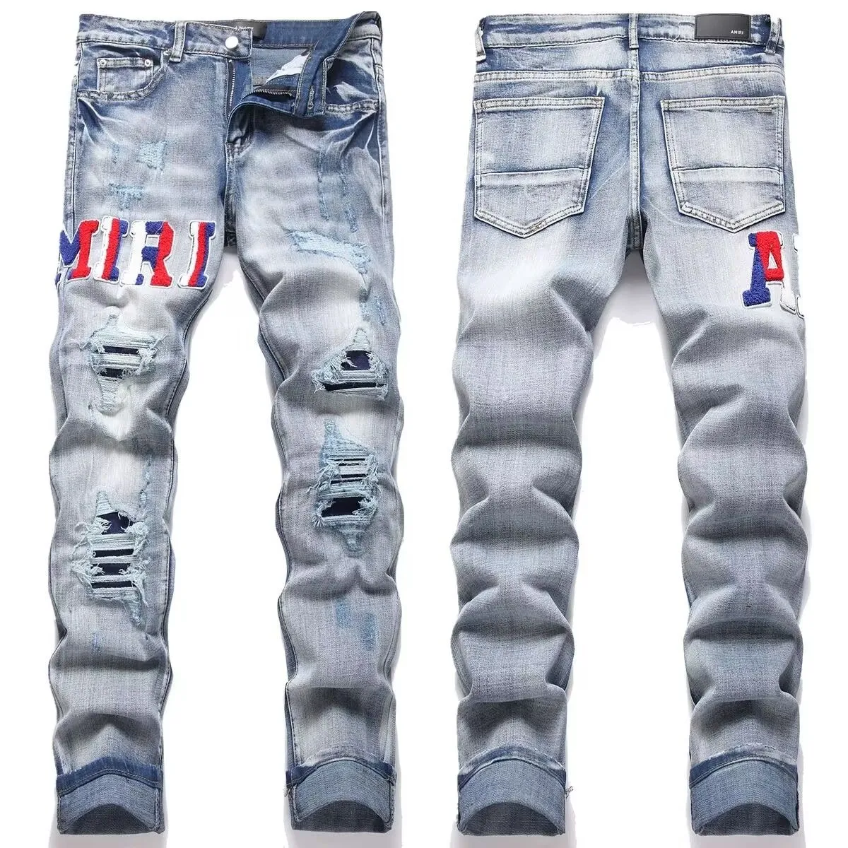 P168 💰 AMIRI patch embroidery jeans trousers AMIRI high street basic ripped tight elastic jeans trousers amiri brand jeans break the production process and cutting of the original jeans, the fabrics are softer and more comfortable Hand-sewn collar label Customized logo buttons Genuine leather tag Color: Picture color Size: 30-32-34-36