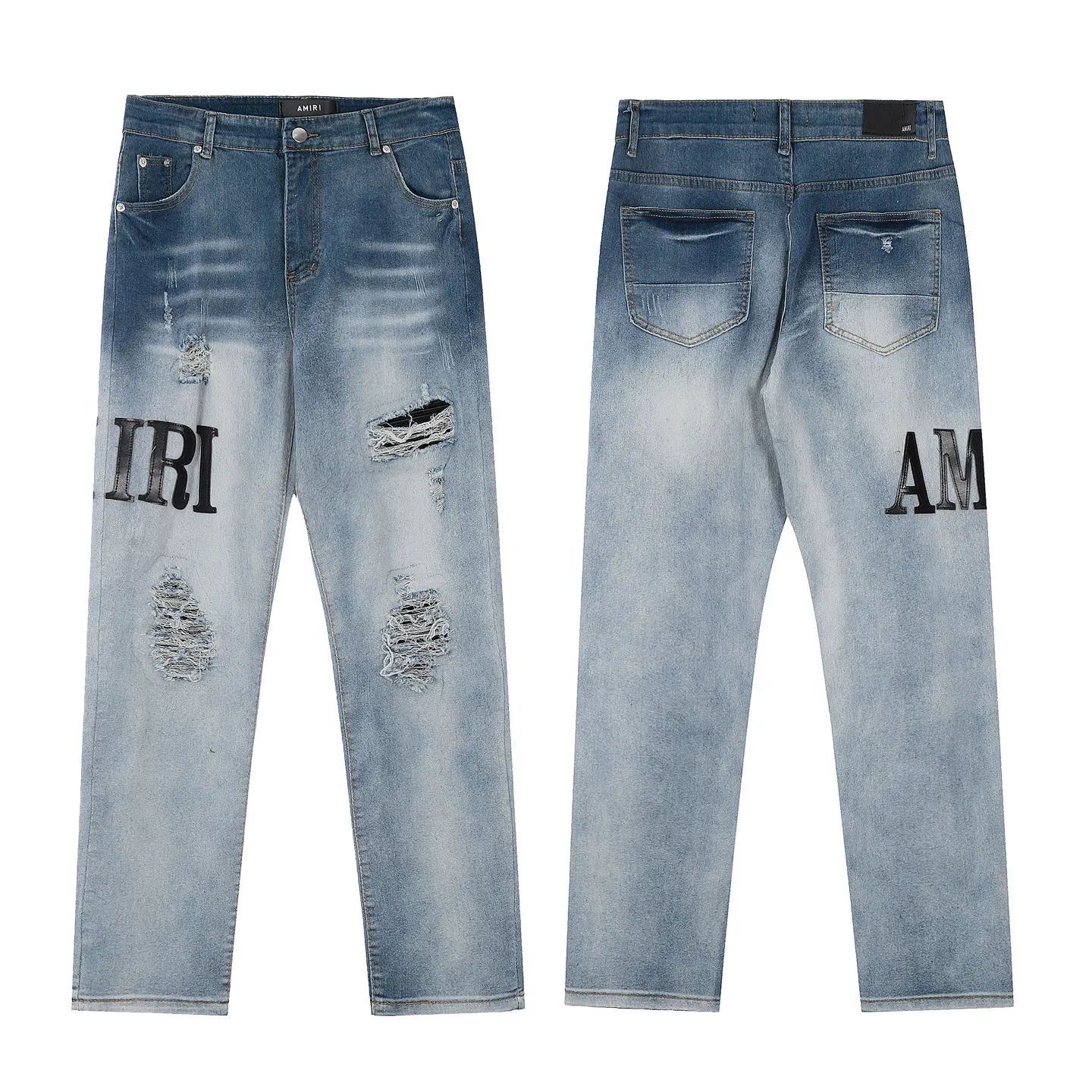 #M11 P168💰 AMIRI patch embroidery jeans trousers AMIRI high street basic ripped tight elastic jeans trousers amiri brand jeans break the production process and cutting of the original jeans, the fabrics are softer and more comfortable Hand-sewn collar label Customized logo buttons Genuine leather tag Color: Picture color Size: 30-32-34-36