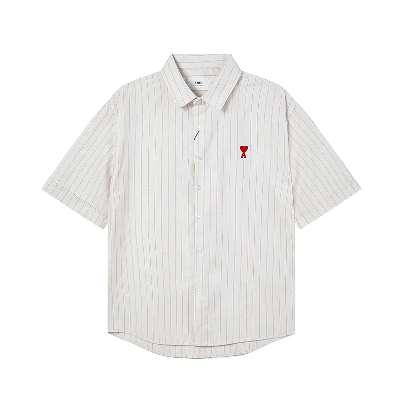 AMI Paris classic autumn red love heart embroidered on the chest. Casual cotton large striped short-sleeved Oxford shirt. Original custom-made 180g pure cotton fabric. Loose off-shoulder version. Same style for men and women. Color: black and white, blue and white. Size: S-XL.